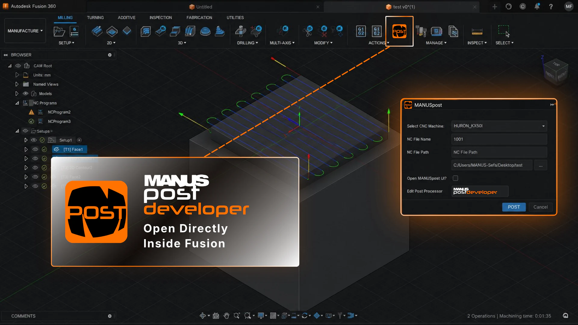MANUSpost Developer post-processor integration with Autodesk Fusion CAM