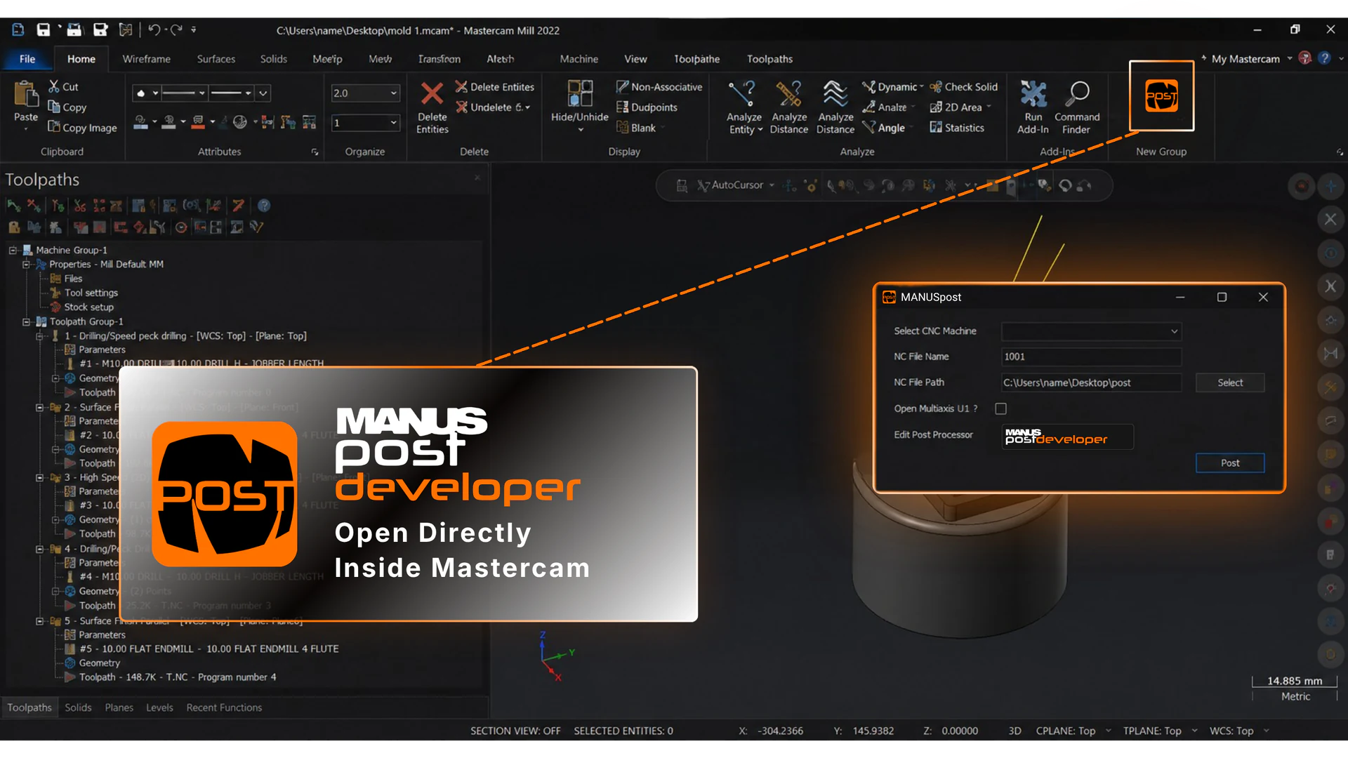 MANUSpost Developer post-processor integration with Mastercam