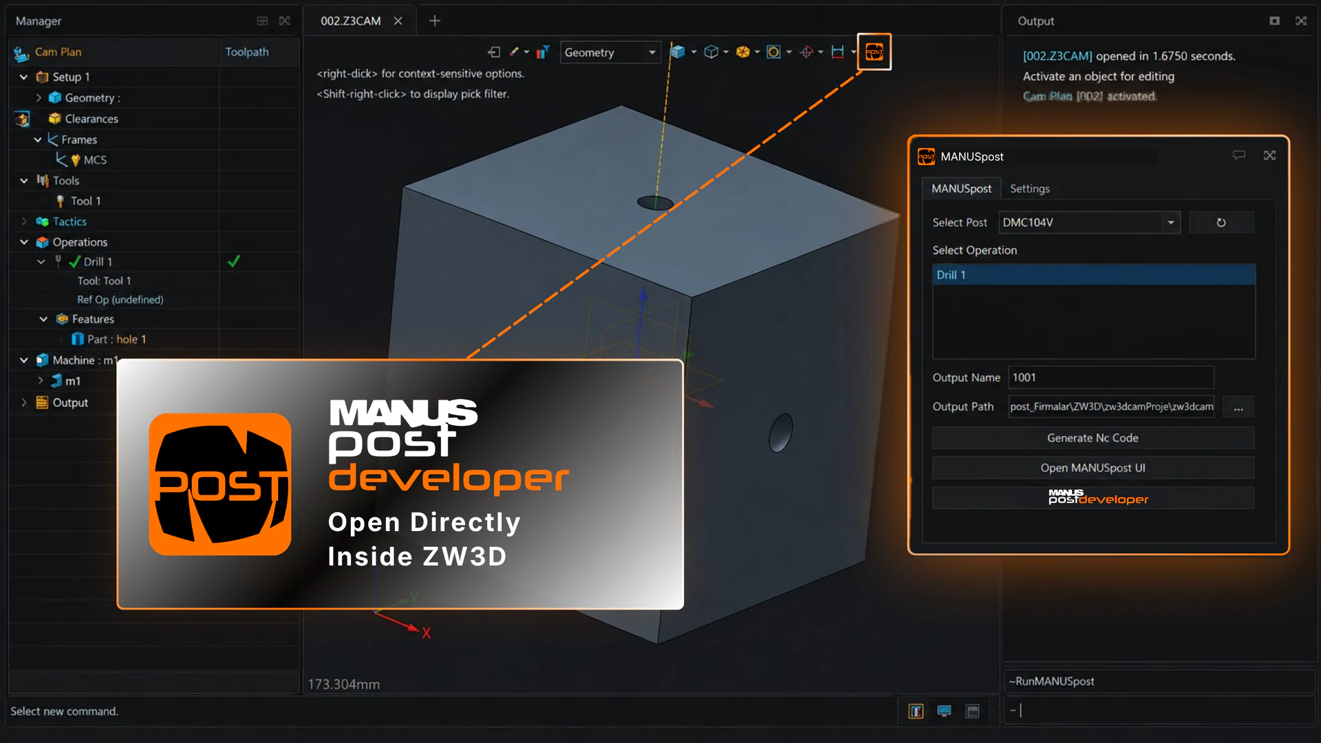 MANUSpost Developer post-processor integration with ZW3D CAM
